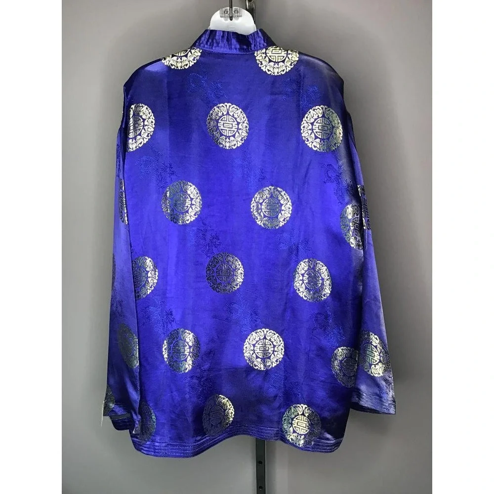 Mens Chinese Traditional Royal Blue Gold Silk Satin Tang‎ Suit Jacket Size XXL